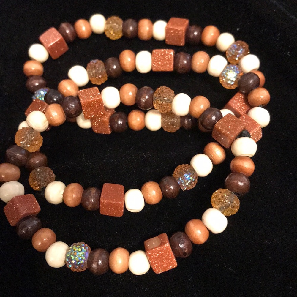 (Set of 3) Hand beaded wood and crystal bracelets